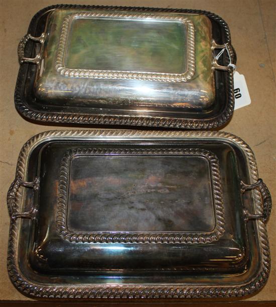 Pair of plated two handled entrée dishes and covers(-)